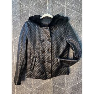 Womens Quilted Faux Leather Jacket‎ Fur Hoodie Sz M